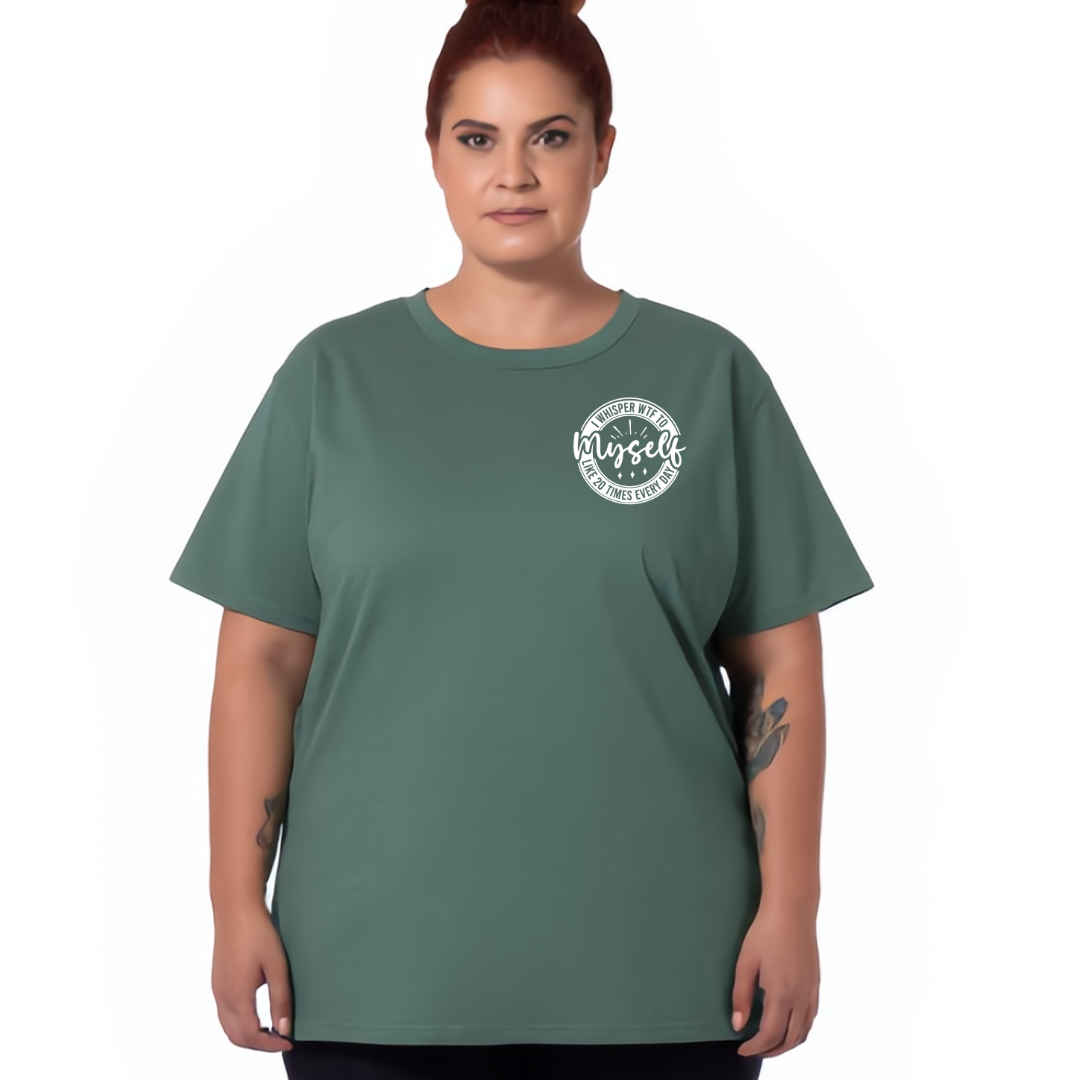 Person wearing a green t-shirt with a white graphic design on a white background