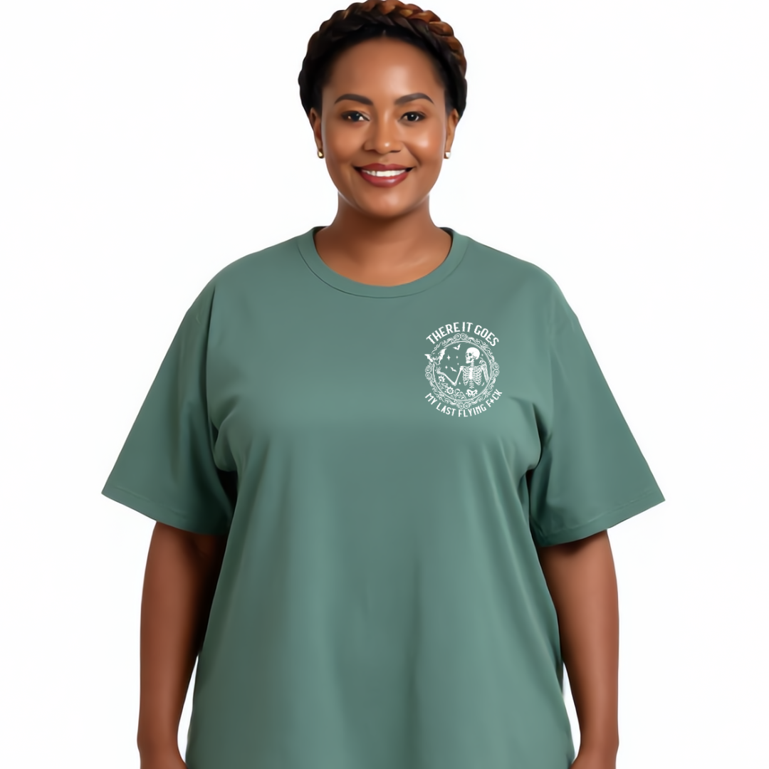 Woman wearing a green t-shirt with a logo on a white background