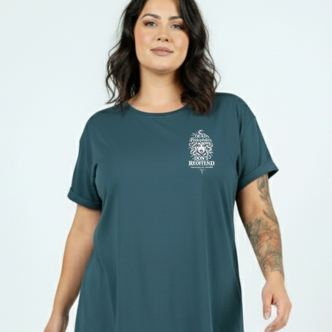Woman wearing a teal t-shirt with a white graphic design on a light blue background