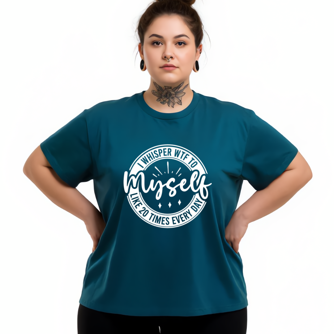 Person wearing a teal t-shirt with a white graphic design on a white background