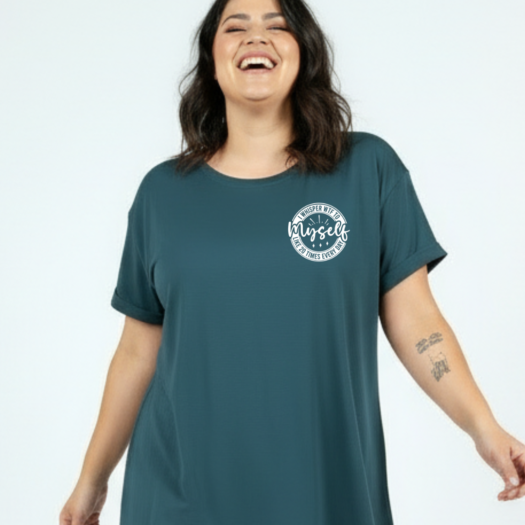 Woman wearing a teal t-shirt with a white logo on a light blue background