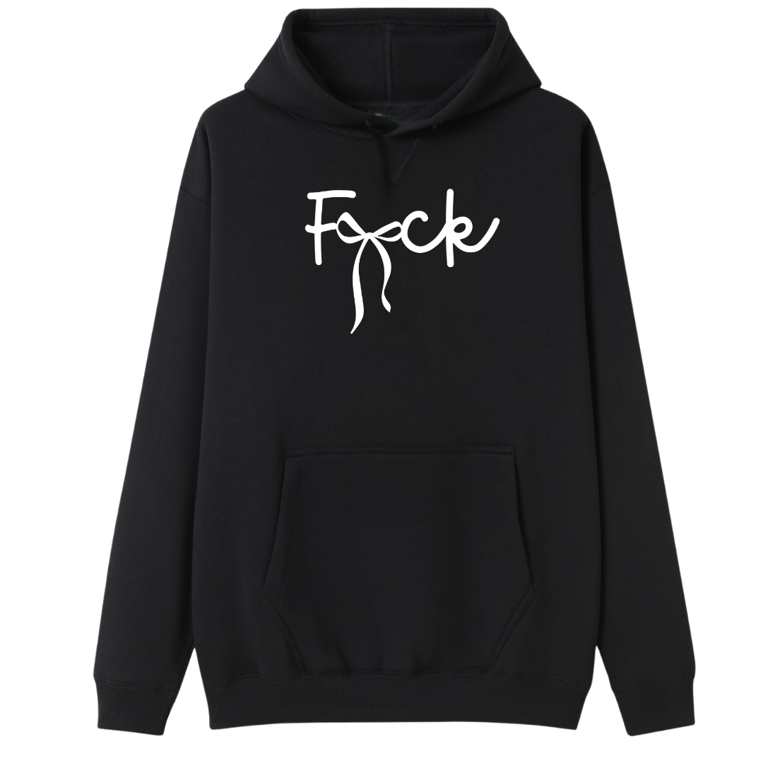 A black pullover hoodie with a white graphic text print reading 'F*ck' across the chest, displayed on a solid white background.