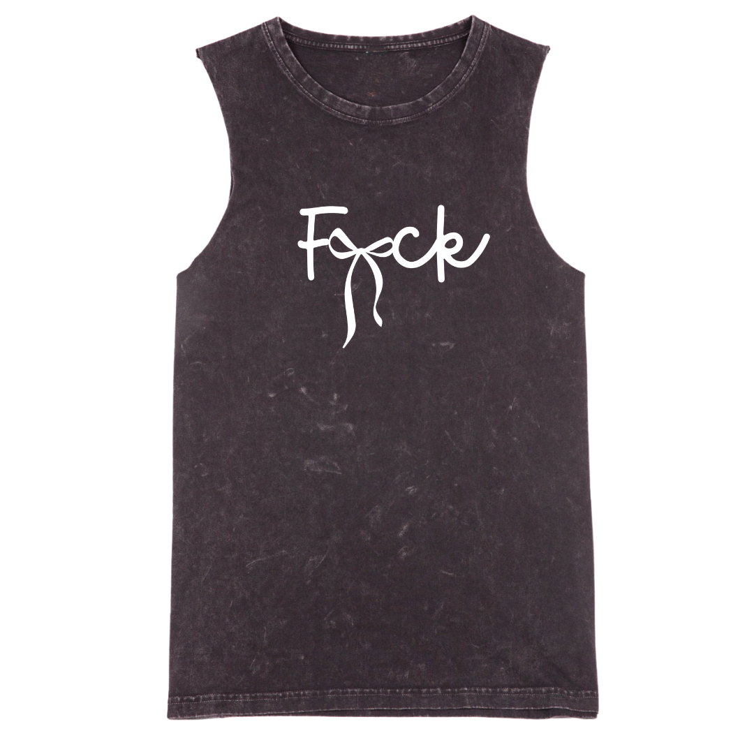 A sleeveless tank top in a washed black or charcoal color with a white graphic text print reading 'Fuck' across the chest, displayed flat against a solid white background.
