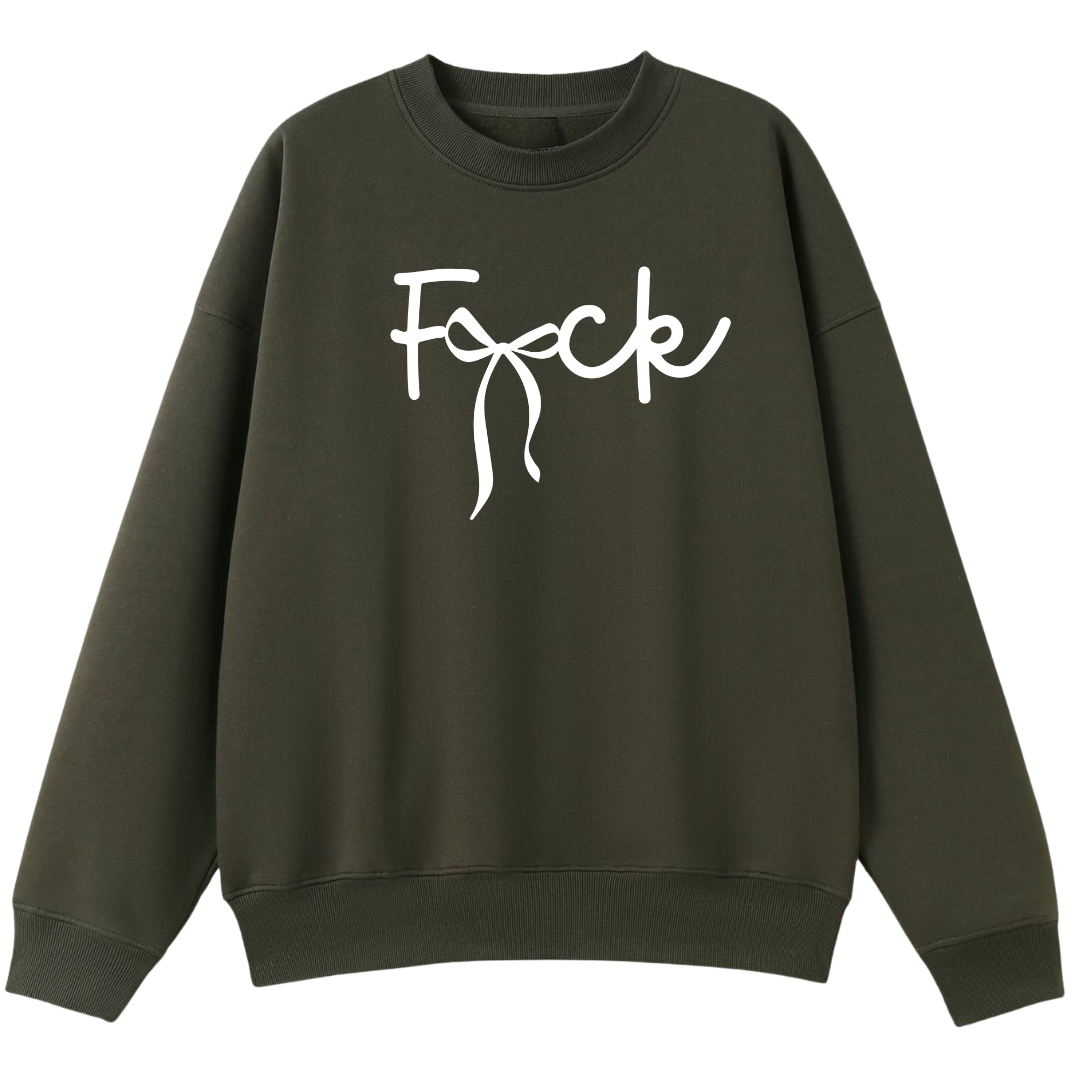 An olive green crewneck sweatshirt with a white stylized graphic text print reading 'F*ck' across the chest, displayed on a solid white background.