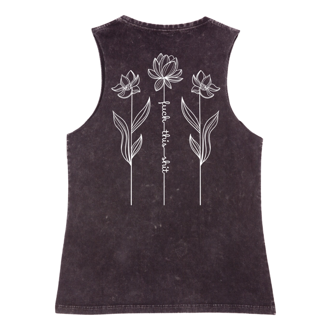 A sleeveless dark charcoal gray tank top with a white graphic print of three lotus flowers and the vertical text 'love this' in the center, shown against a plain white background.