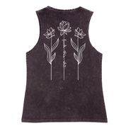 A sleeveless dark charcoal gray tank top with a white graphic print of three lotus flowers and the vertical text 'love this' in the center, shown against a plain white background.