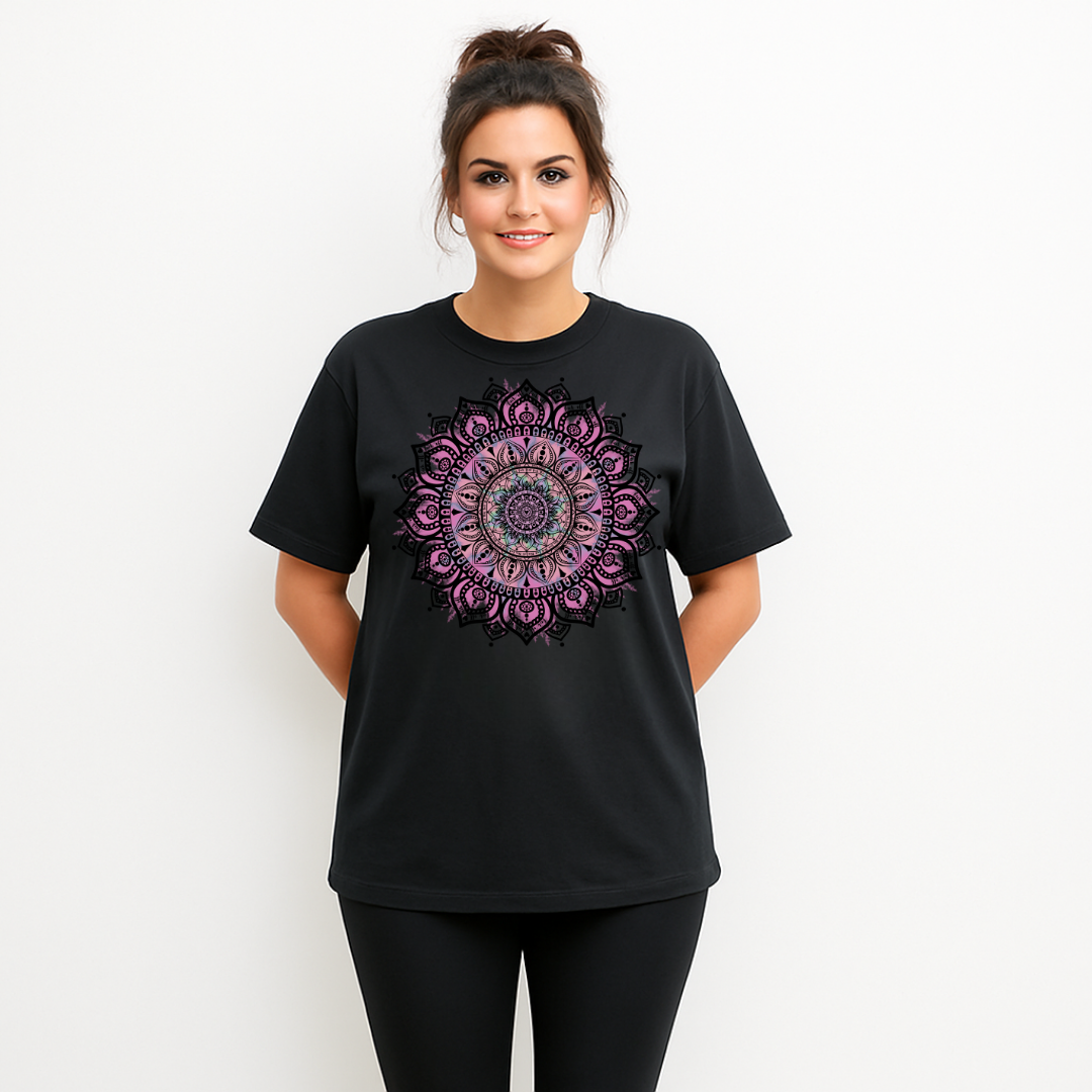 Front view of black oversized tee showing full intricate pink and teal mandala DTF print with hidden Fuck It Fuck Off and Fucking Bullshit text woven into the pattern, Bae Bands Australia