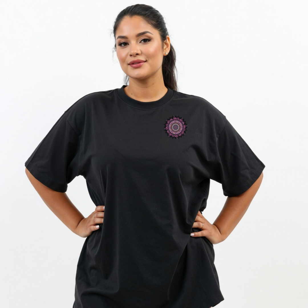 Front view of woman wearing black Fuck It Mandala oversized tee, relaxed drop shoulder fit, plus size Australian streetwear by Bae Bands