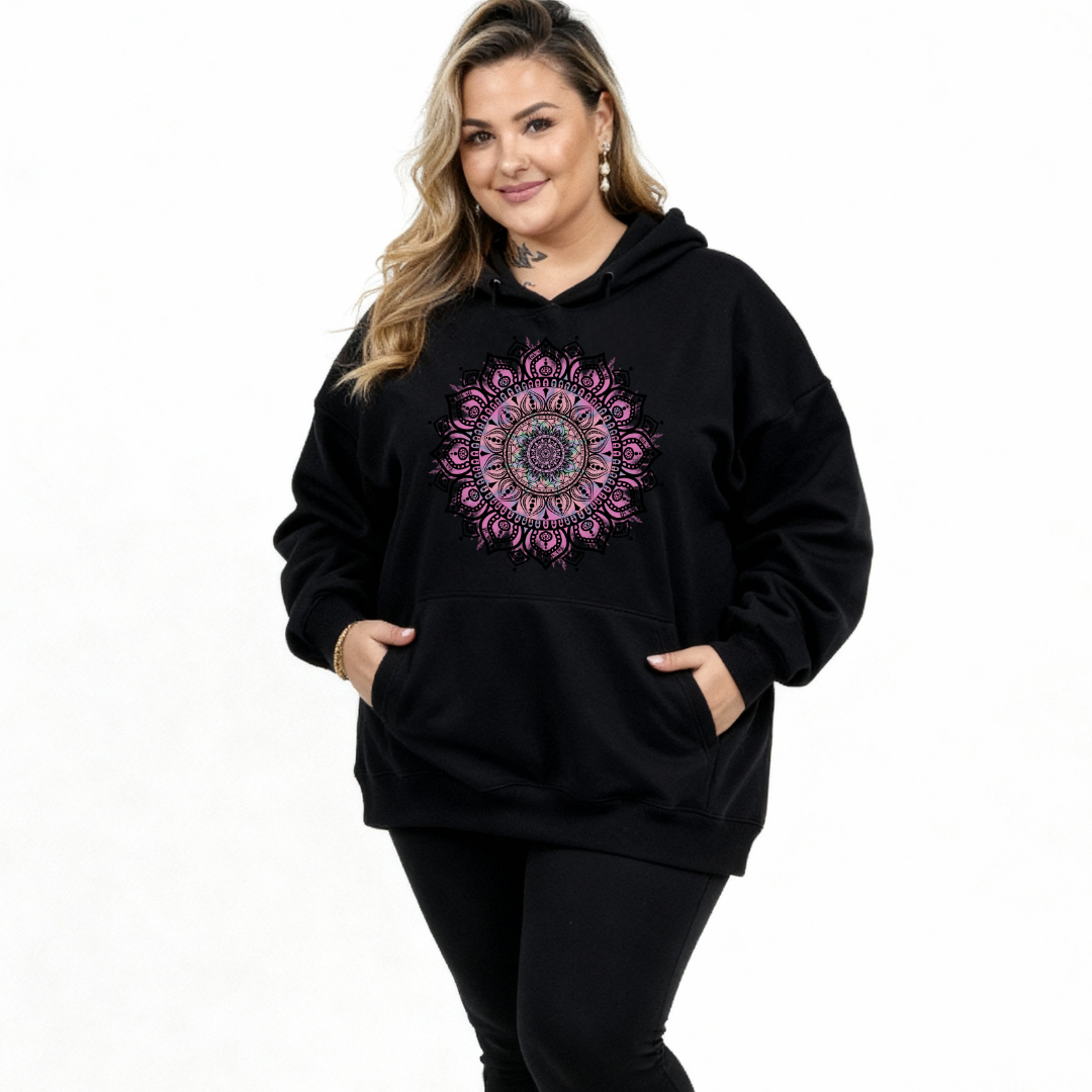 Front view of woman wearing black Fuck It Mandala hoodie, relaxed fit, plus size Australian streetwear by Bae Bands