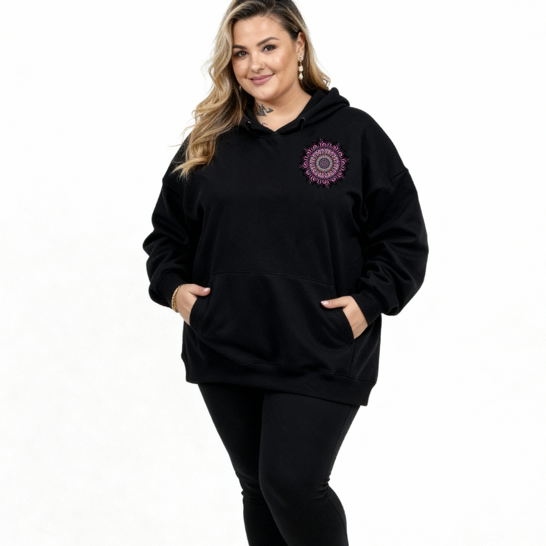 Front View of black Fuck It Mandala hoodie showing full intricate pink and teal mandala DTF print with hidden Fuck It Fuck Off and Fucking Bullshit text woven into the pattern, relaxed plus size fit, Bae Bands Australia