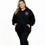 Front View of black Fuck It Mandala hoodie showing full intricate pink and teal mandala DTF print with hidden Fuck It Fuck Off and Fucking Bullshit text woven into the pattern, relaxed plus size fit, Bae Bands Australia