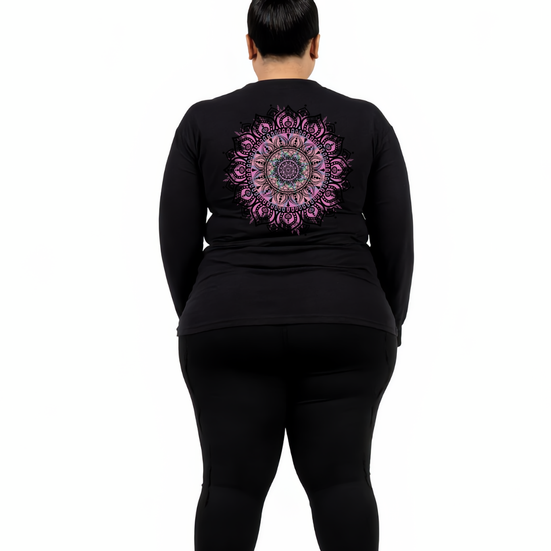 Back view of black Fuck It Mandala long sleeve tee showing full intricate pink and teal mandala DTF print with hidden Fuck It Fuck Off and Fucking Bullshit text woven into the pattern, relaxed plus size fit, Bae Bands Australia