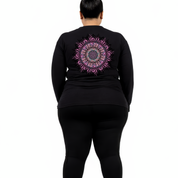 Back view of black Fuck It Mandala long sleeve tee showing full intricate pink and teal mandala DTF print with hidden Fuck It Fuck Off and Fucking Bullshit text woven into the pattern, relaxed plus size fit, Bae Bands Australia