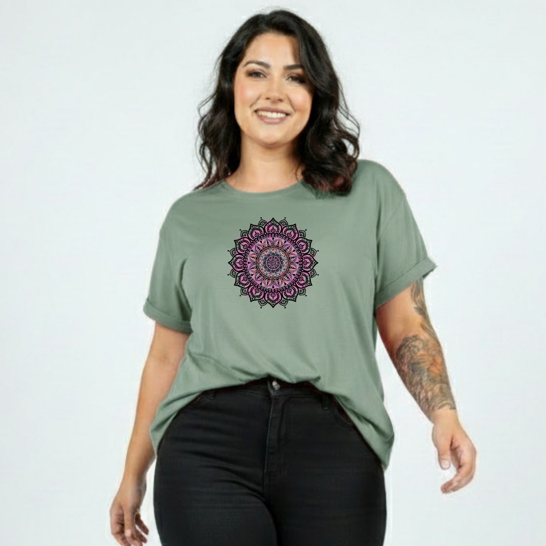 Woman wearing slate green oversized graphic tee with large intricate pink and teal mandala back print, plus size Australian streetwear by Bae Bands
