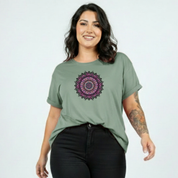 Woman wearing slate green oversized graphic tee with large intricate pink and teal mandala back print, plus size Australian streetwear by Bae Bands