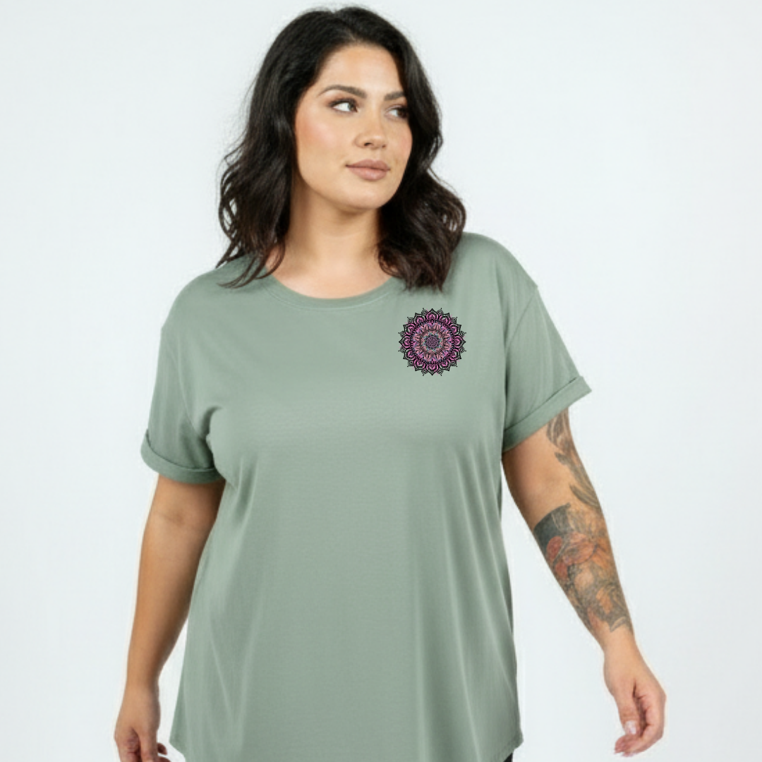 Front view of woman wearing slate green Fuck It Mandala oversized tee, relaxed drop shoulder fit, plus size Australian streetwear by Bae Bands