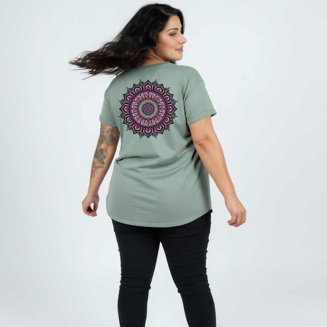 Back view of slate green oversized tee showing full intricate pink and teal mandala DTF print with hidden Fuck It Fuck Off and Fucking Bullshit text woven into the pattern, Bae Bands Australia