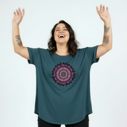 Front view of woman wearing teal Fuck It Mandala oversized tee, relaxed drop shoulder fit, plus size Australian made streetwear by Bae Bands