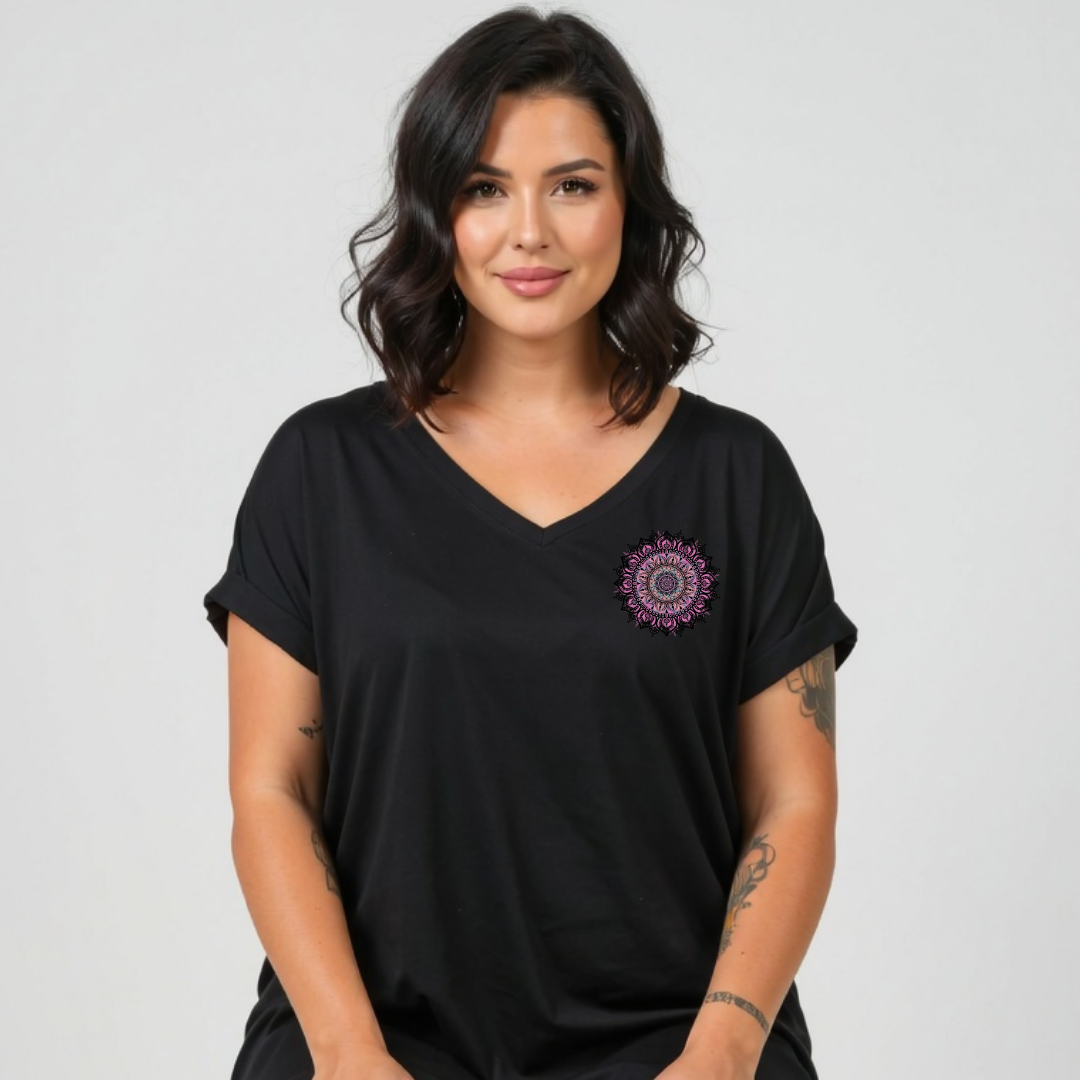 Front view of woman wearing black Fuck It Mandala v neck tee, relaxed fit, plus size Australian streetwear by Bae Bands