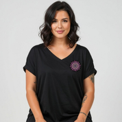 Front view of woman wearing black Fuck It Mandala v neck tee, relaxed fit, plus size Australian streetwear by Bae Bands