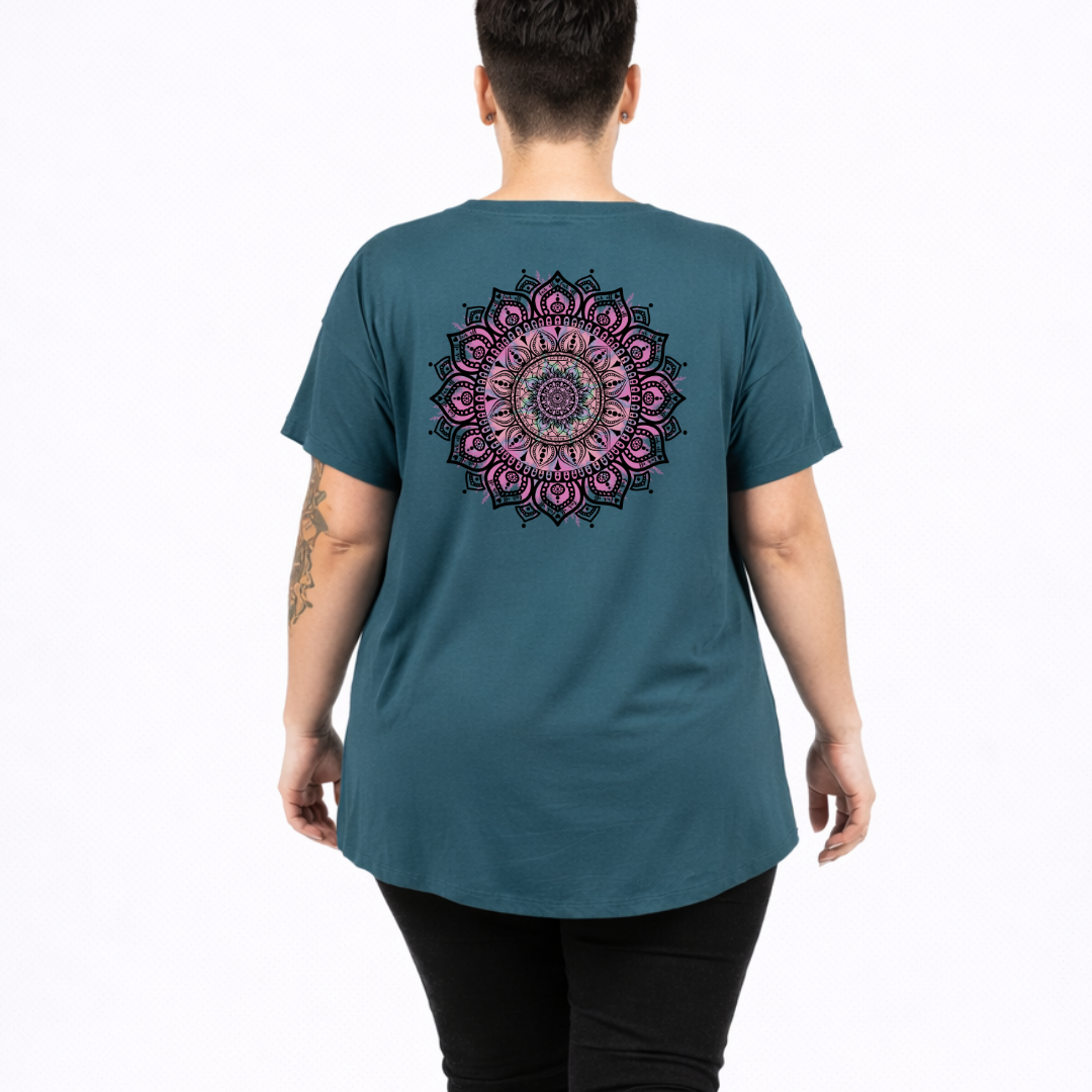 Back view of teal oversized tee showing full intricate pink and teal mandala DTF print with hidden Fuck It Fuck Off and Fucking Bullshit text woven into the pattern, Bae Bands Australia