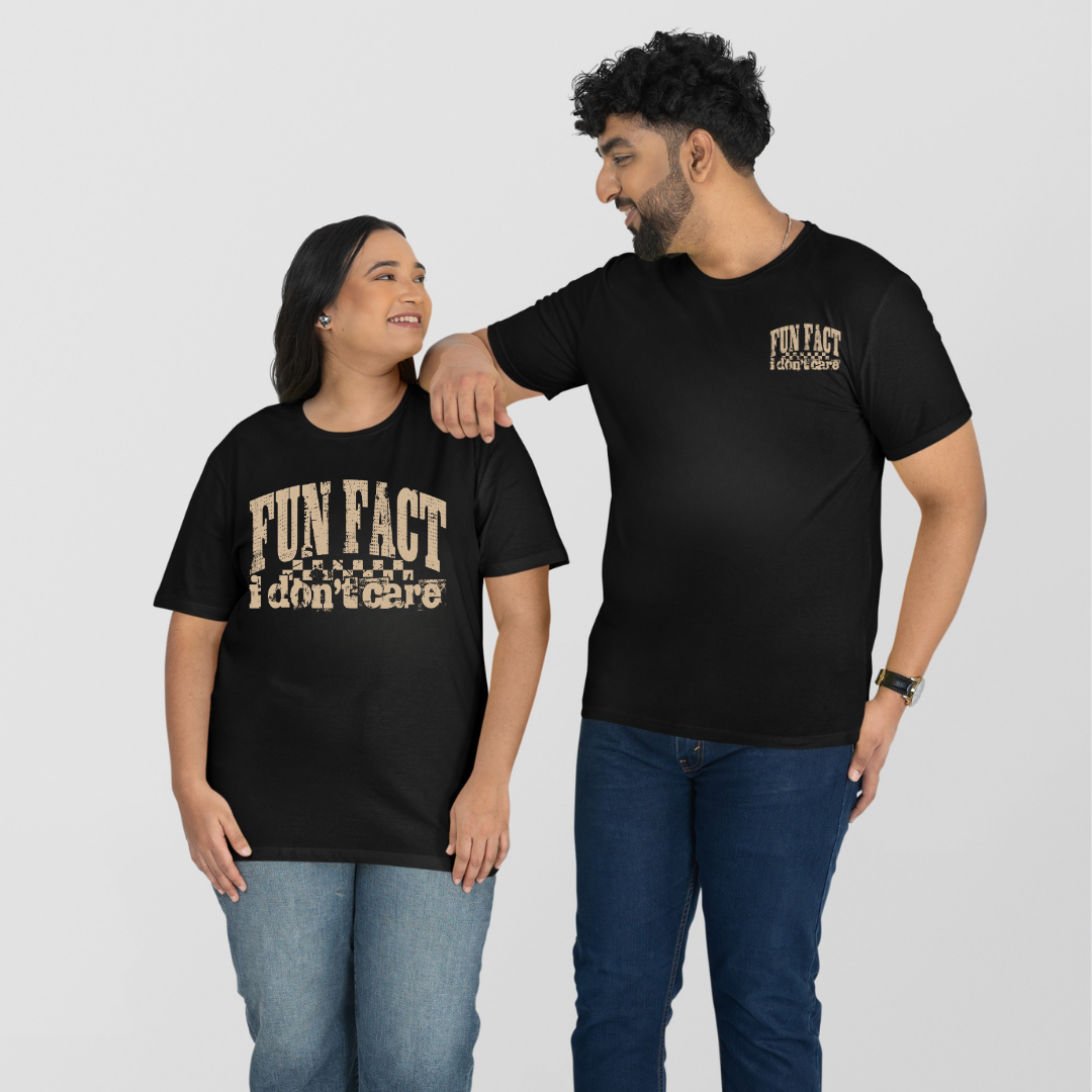 Woman and man wearing black oversized graphic tee with Fun Fact I Don't Care distressed varsity text print, plus size Australian streetwear by Bae Bands
