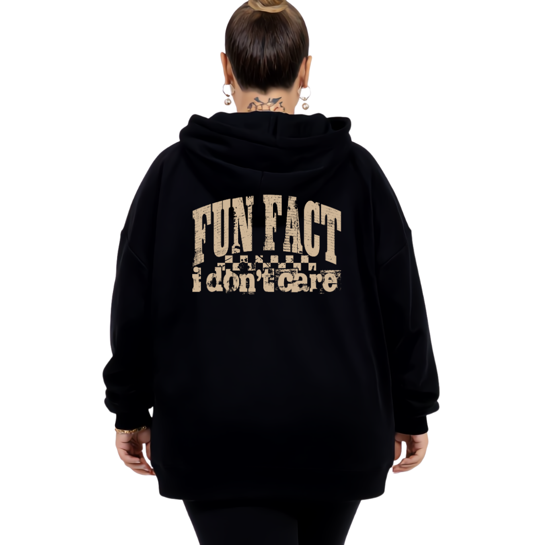 Back view of black Fun Fact I Don't Care hoodie showing full distressed varsity text DTF print detail, relaxed plus size fit, Bae Bands Australia