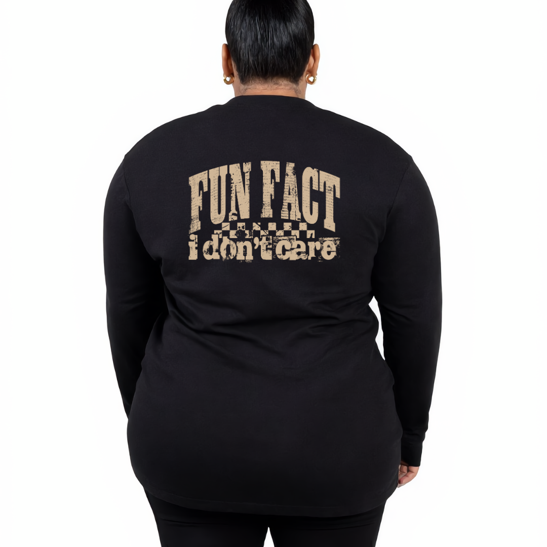 Back view of black Fun Fact I Don't Care long sleeve tee showing full distressed varsity text DTF print detail, relaxed plus size fit, Bae Bands Australia