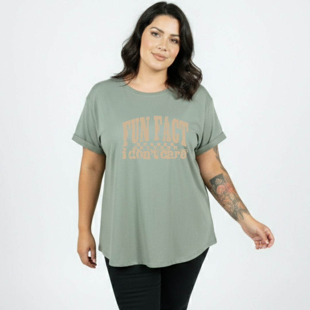 front view of slate green Fun Fact I Don't Care oversized tee showing relaxed plus size fit, bold distressed text DTF print, Bae Bands Australia