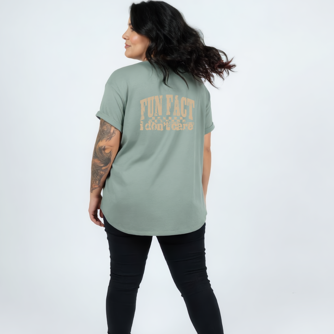 Back view of slate green Fun Fact I Don't Care oversized tee, relaxed drop shoulder fit, DTF printed slogan graphic, Bae Bands Australia