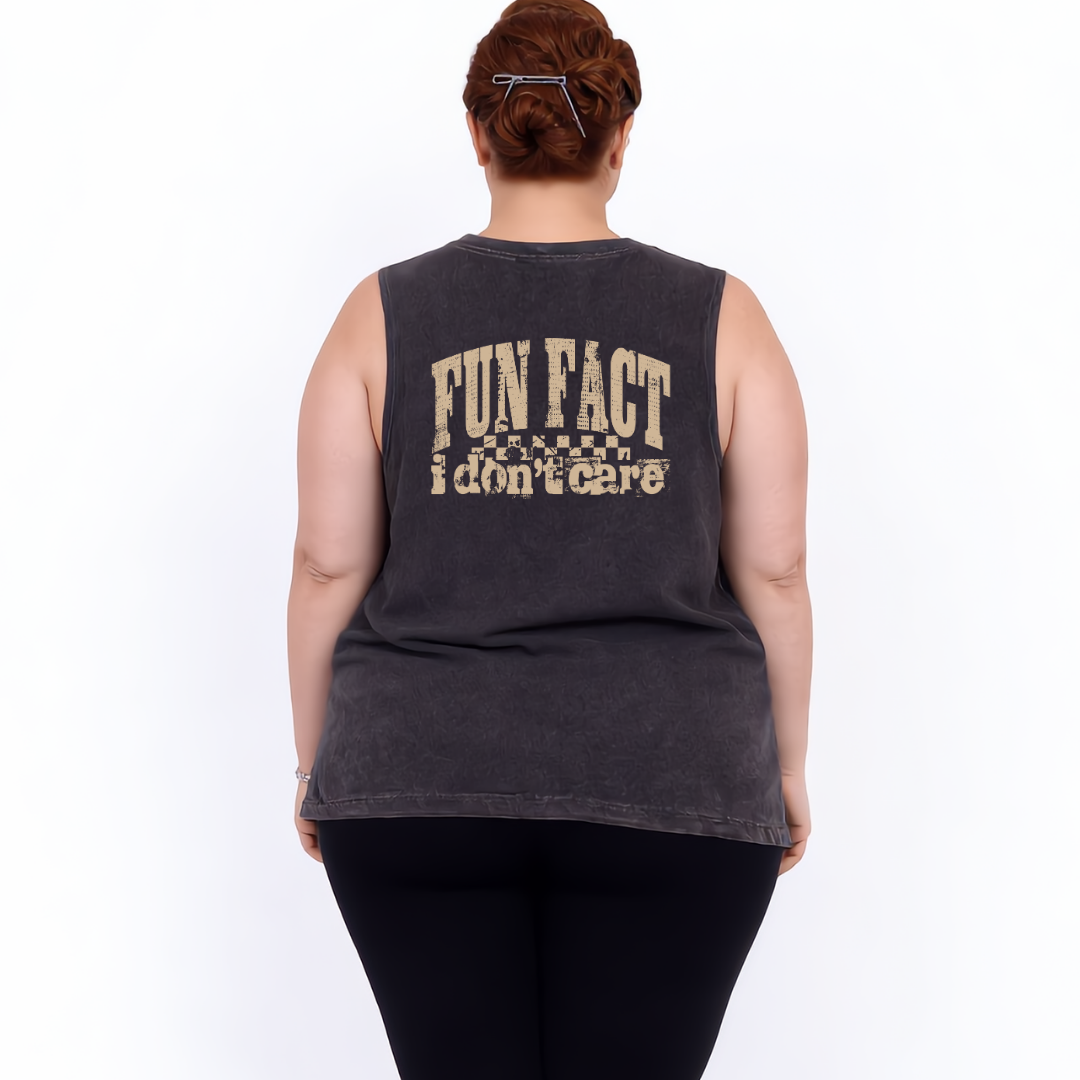 Back view of black stonewashed Fun Fact I Don't Care tank top showing full distressed varsity text DTF print detail, relaxed plus size fit, Bae Bands Australia