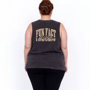 Back view of black stonewashed Fun Fact I Don't Care tank top showing full distressed varsity text DTF print detail, relaxed plus size fit, Bae Bands Australia