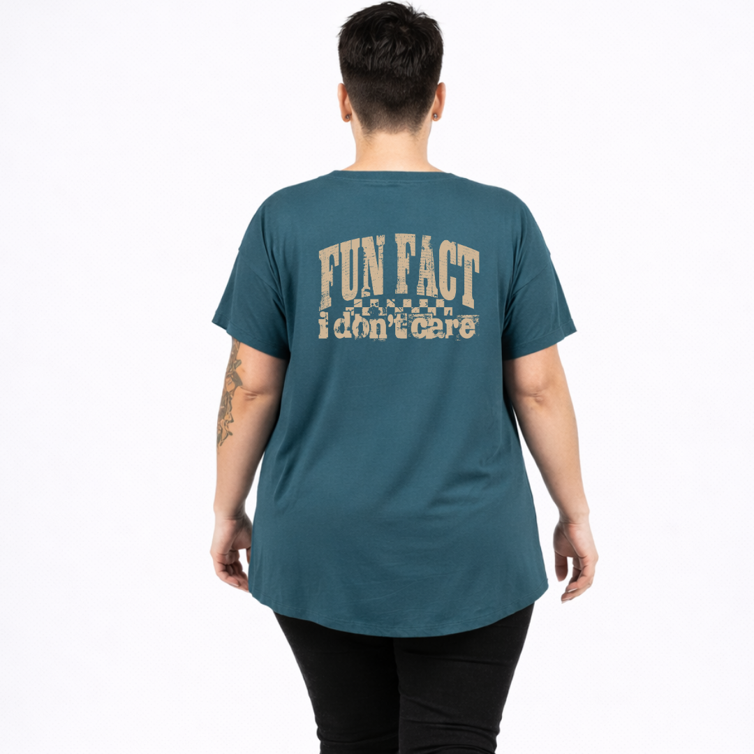 Back view of teal Fun Fact I Don't Care oversized tee, relaxed drop shoulder fit, DTF printed slogan graphic, Bae Bands Australia