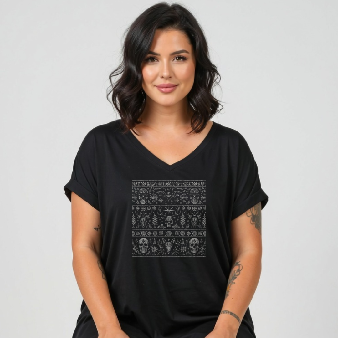 Woman wearing a black t-shirt with a pattern on a plain background