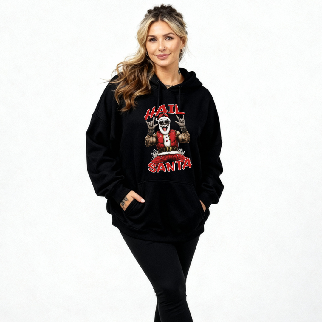 Woman wearing a black hoodie with 'Hail Santa' graphic design on a white background