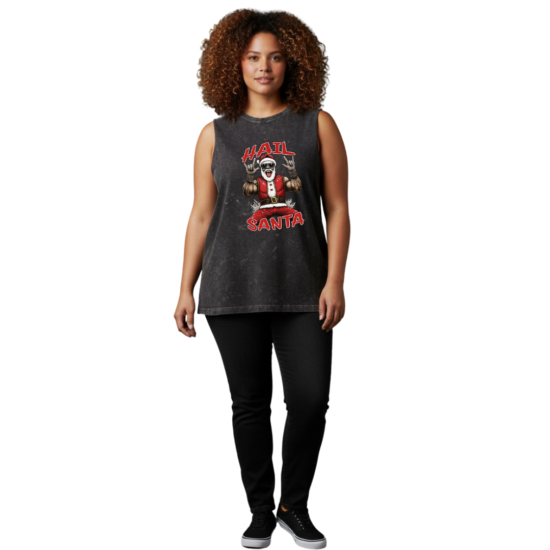 Woman wearing a sleeveless shirt with a graphic design on a white background