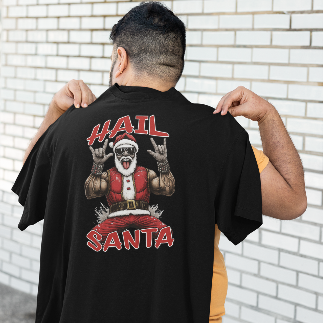 Person wearing a black t-shirt with 'Hail Santa' graphic design.