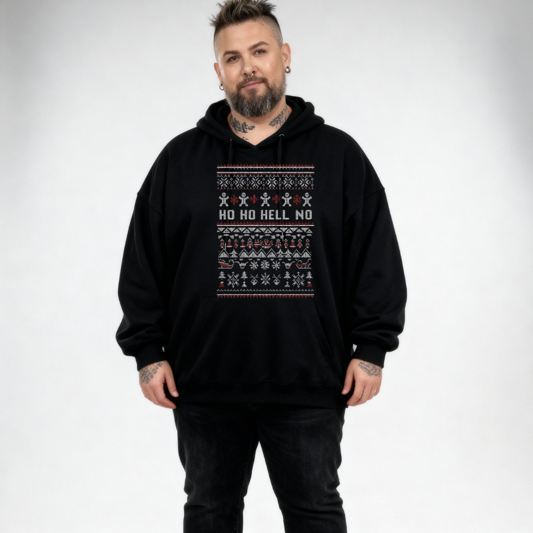 Person wearing a black hoodie with a unique design on a white background