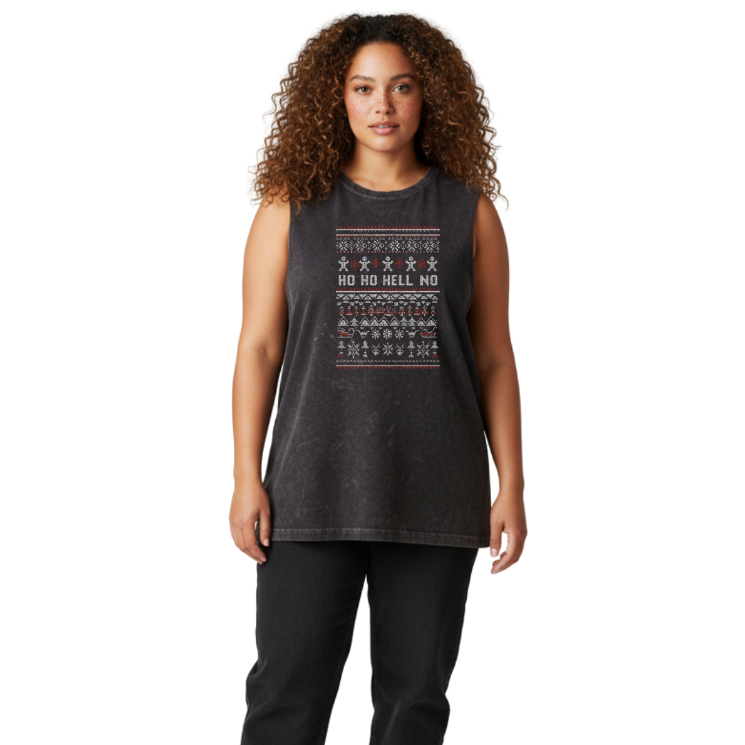 Woman wearing a dark gray sleeveless shirt with a pattern on a white background