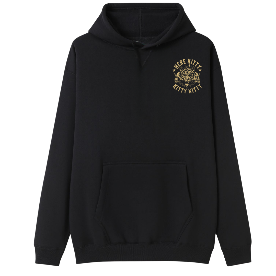 A black pullover hoodie with a gold 'HUGE KITTY KITTY KITTY' graphic on the left chest, featuring a kangaroo pocket and drawstring hood, shown against a plain white background.
