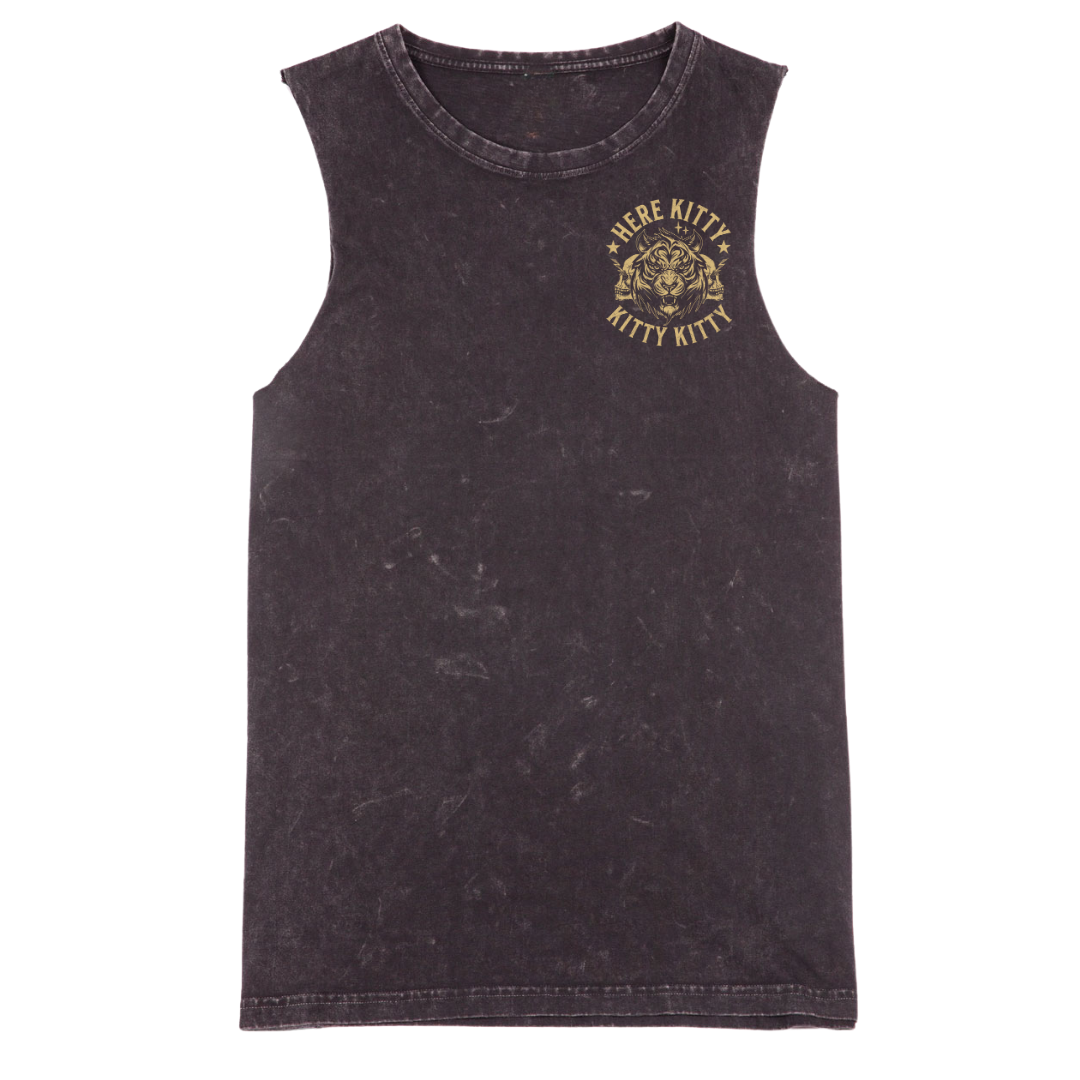 A sleeveless black tank top with a vintage acid-wash texture and a gold 'Kitty Kitty' graphic on the left chest, displayed flat against a white background.