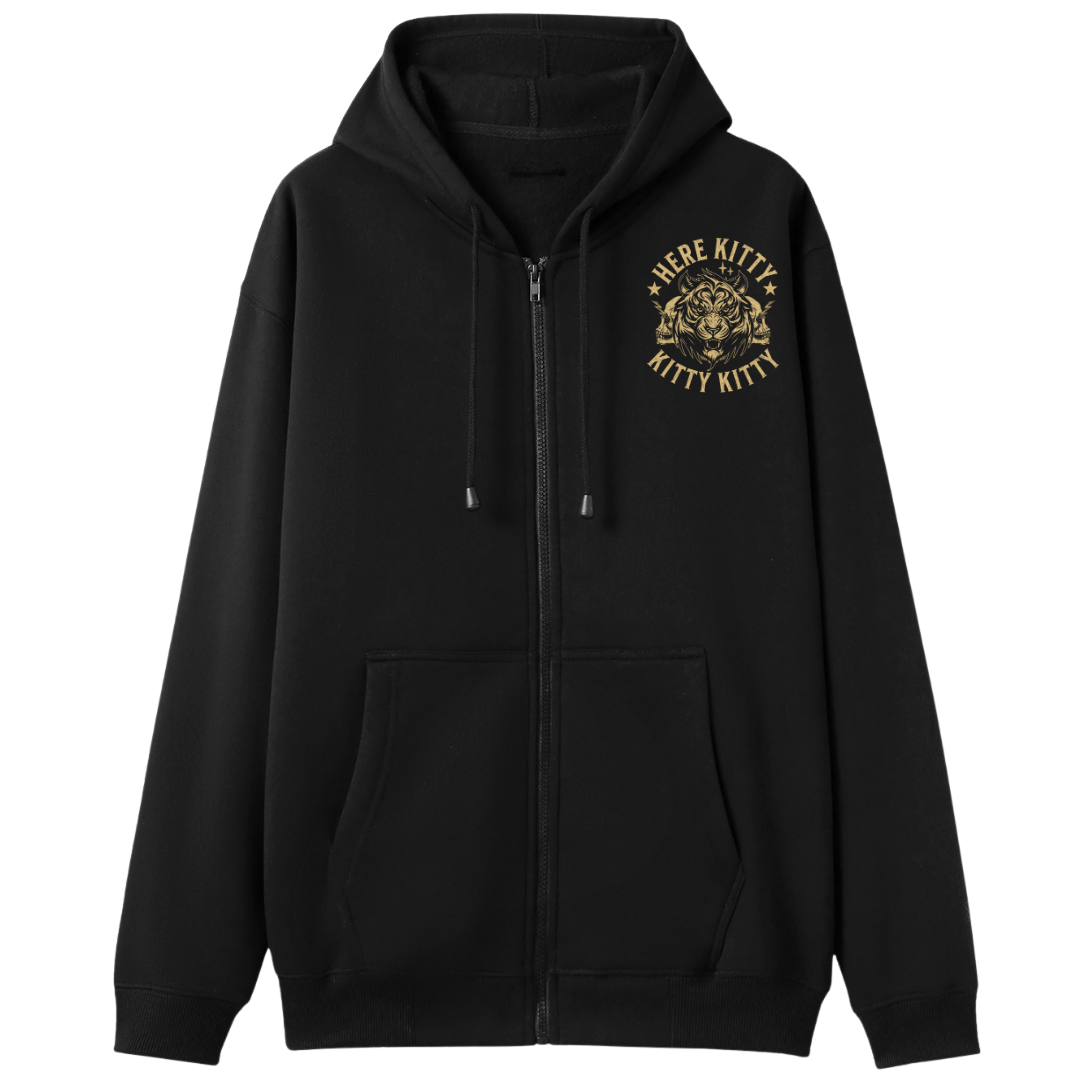 A black zip-up hoodie with a drawstring hood and kangaroo pockets, featuring a gold 'HERE KITTY KITTY' graphic with a cat face on the left chest, shown against a plain white background.