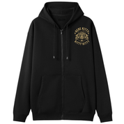 A black zip-up hoodie with a drawstring hood and kangaroo pockets, featuring a gold 'HERE KITTY KITTY' graphic with a cat face on the left chest, shown against a plain white background.