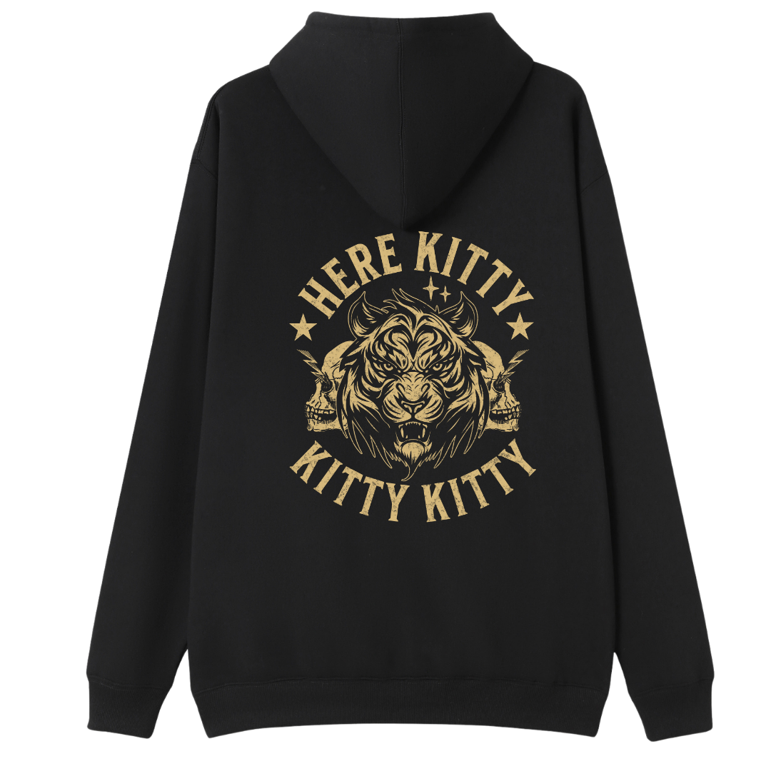 A black pullover hoodie shown from the back, featuring a large gold graphic print of a tiger's face with three heads and the words 'HERE KITTY KITTY' in an arched gold font.
