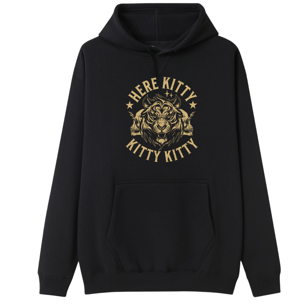 A black pullover hoodie with a gold graphic on the chest featuring a tiger illustration and the text 'HERE KITTY KITTY'.