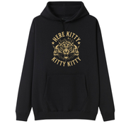 A black pullover hoodie with a gold graphic on the chest featuring a tiger illustration and the text 'HERE KITTY KITTY'.