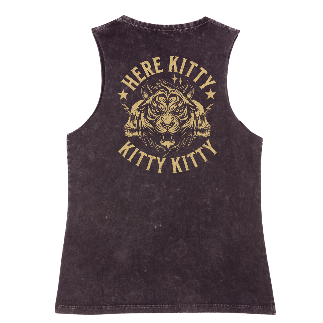 purple fabric with a large gold graphic of a tiger, skulls, and the text 'HERE KITTY KITTY' on a white background.