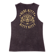 A sleeveless tank top shown from the back, featuring a distressed dark plum/purple fabric with a large gold graphic of a tiger, skulls, and the text 'HERE KITTY KITTY' on a white background.