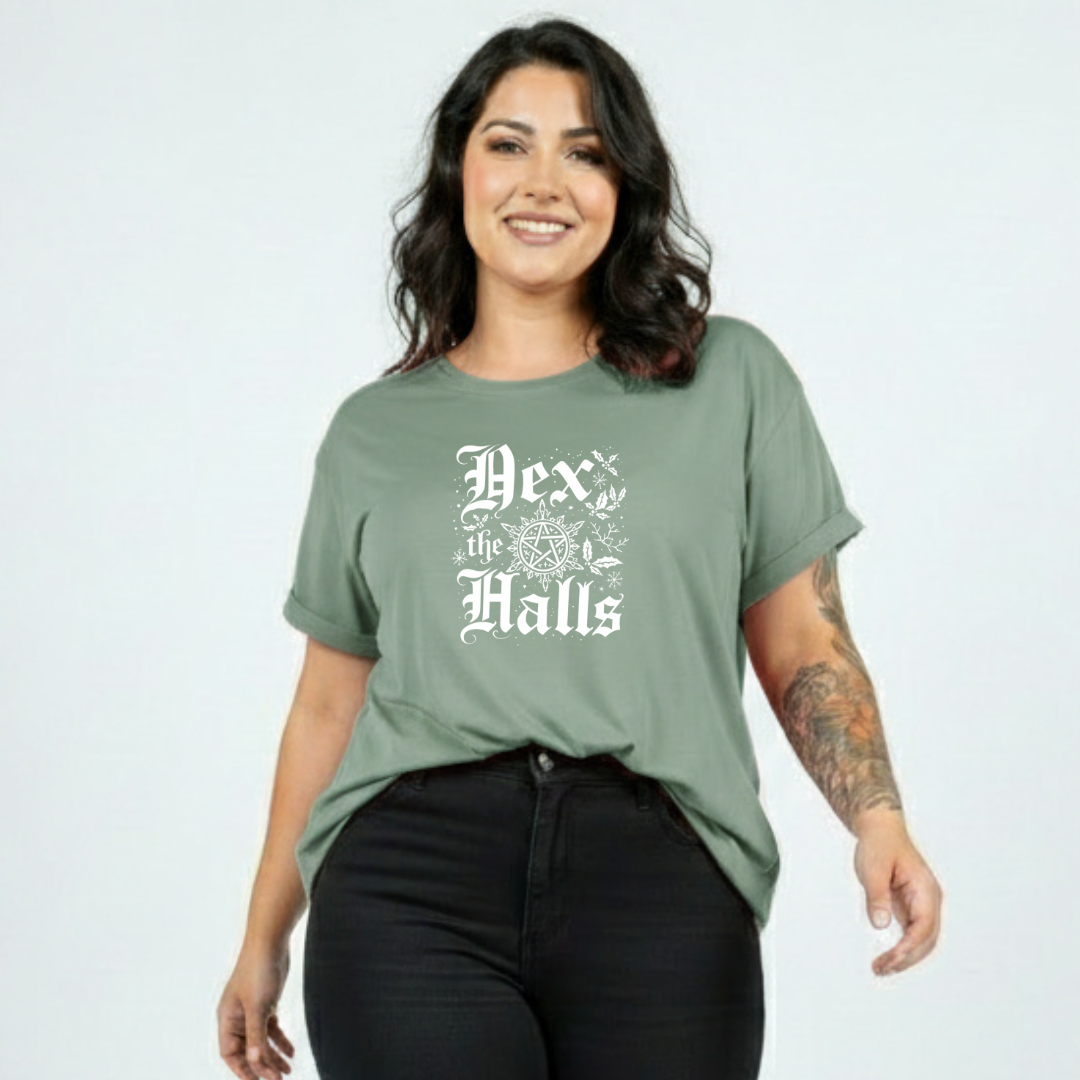 Woman wearing a green t-shirt with text on a white background