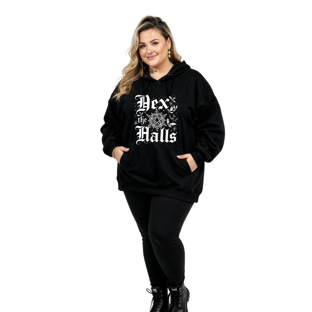 Person wearing a black hoodie with 'Hex the Halls' text on a white background